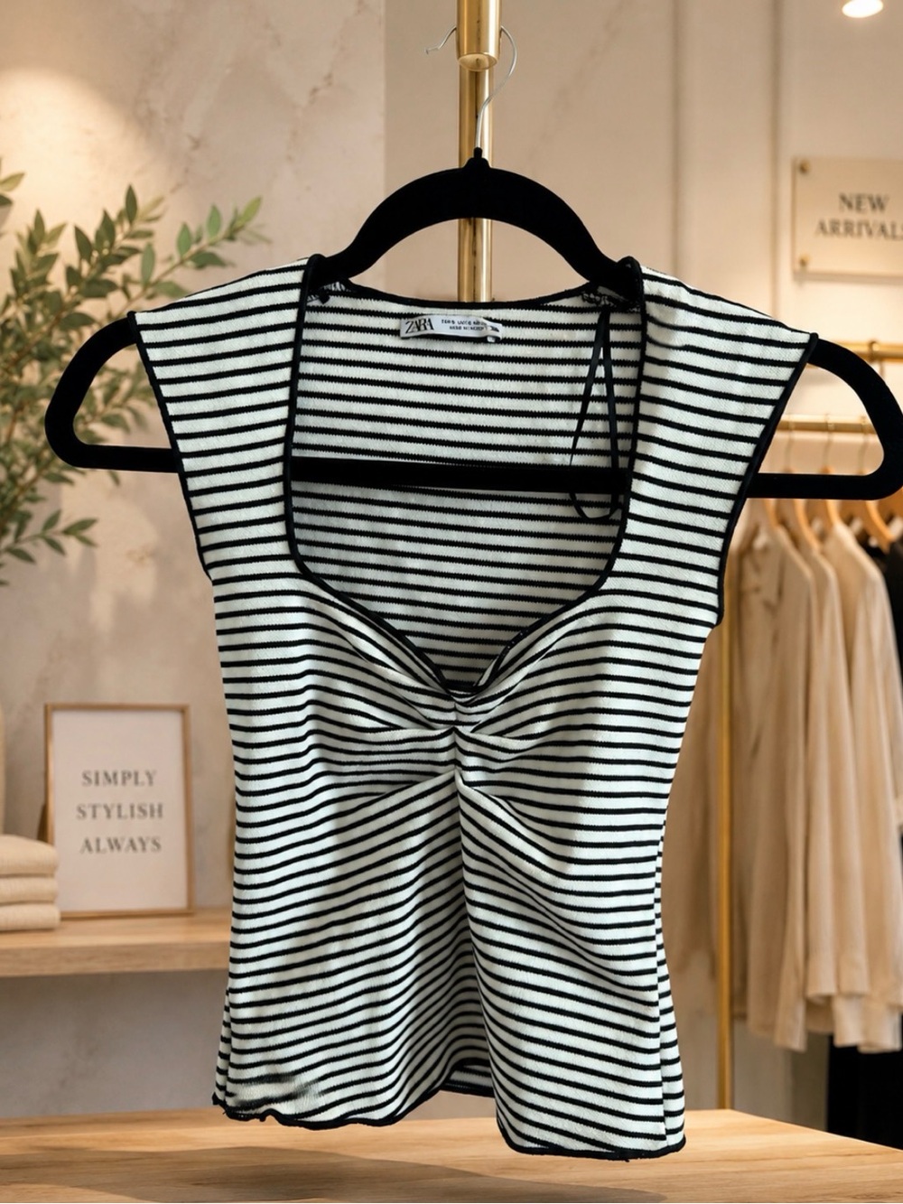 Zara Black & White Striped Ruched Top Size S